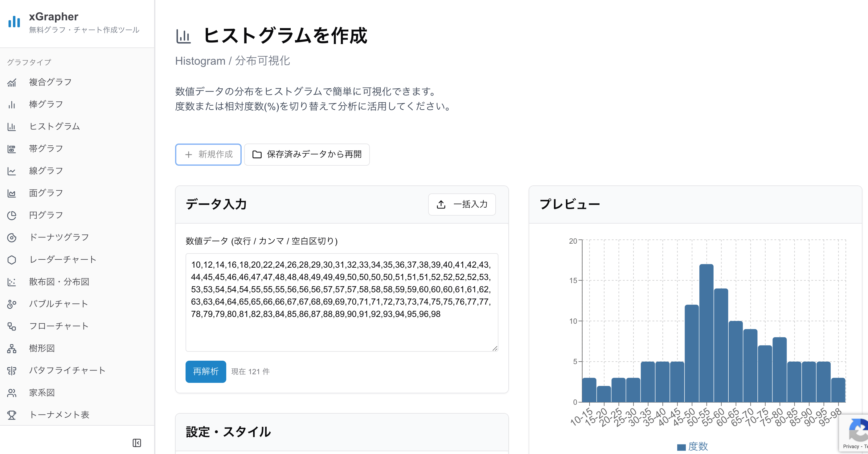 xGrapherのヒストグラム作成画面